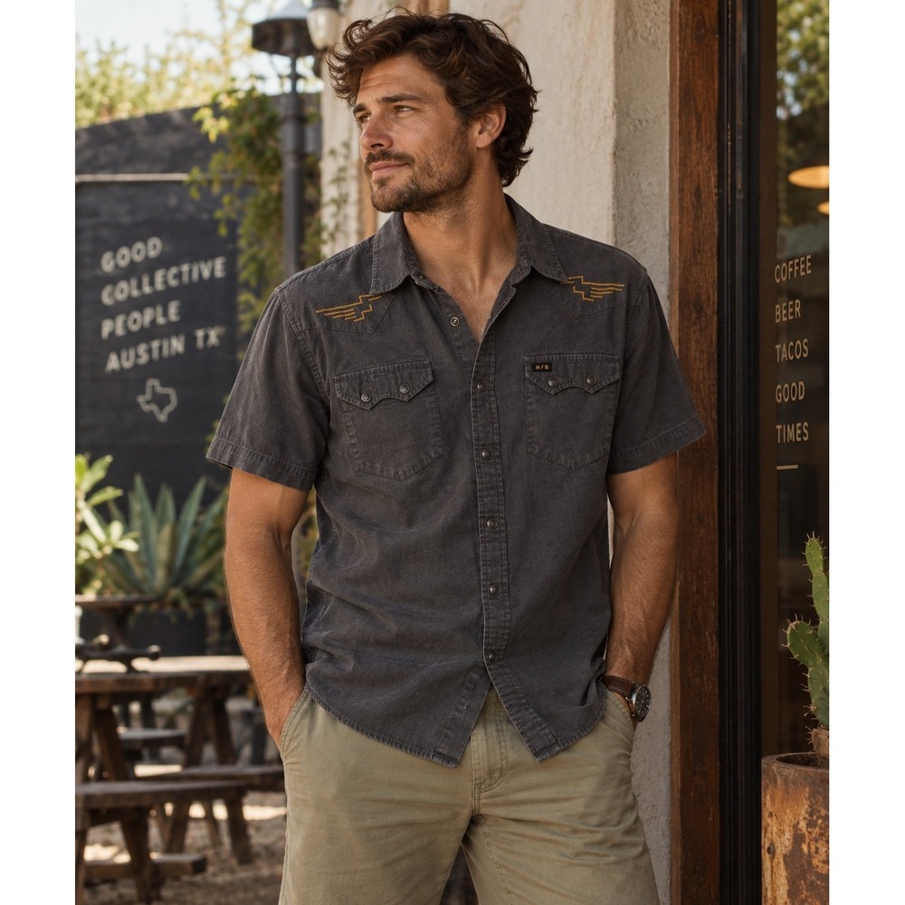 Howler Brothers Crosscut Deluxe Shirt Mens M Black Chambray Western Embroidered